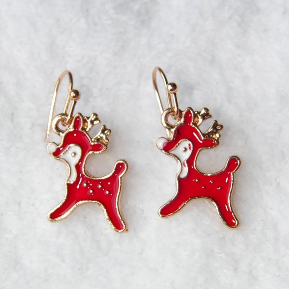 🎄Gold Reindeer Earrings Red & White Drop TINY 1/2" - Picture 1 of 2